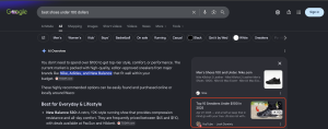 A screenshot of a Google AI Overview snippet for the query "best shoes under 100 dollars," recommending specific brands like New Balance and featuring a sidebar with a cited YouTube video.