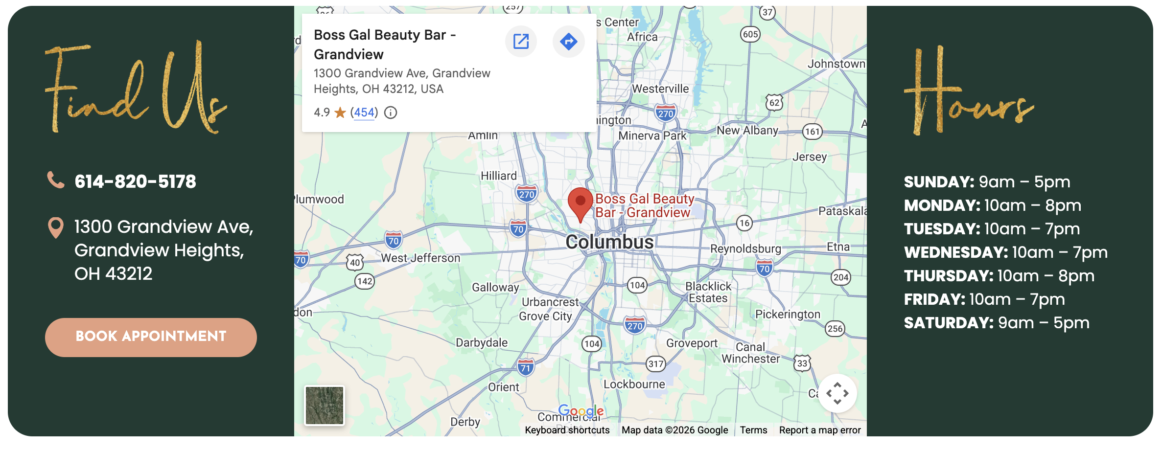 A location contact section features a Google Map pinpointing Boss Gal Beauty Bar in Grandview Heights, Ohio, flanked by the spa's phone number, address, and daily business hours.