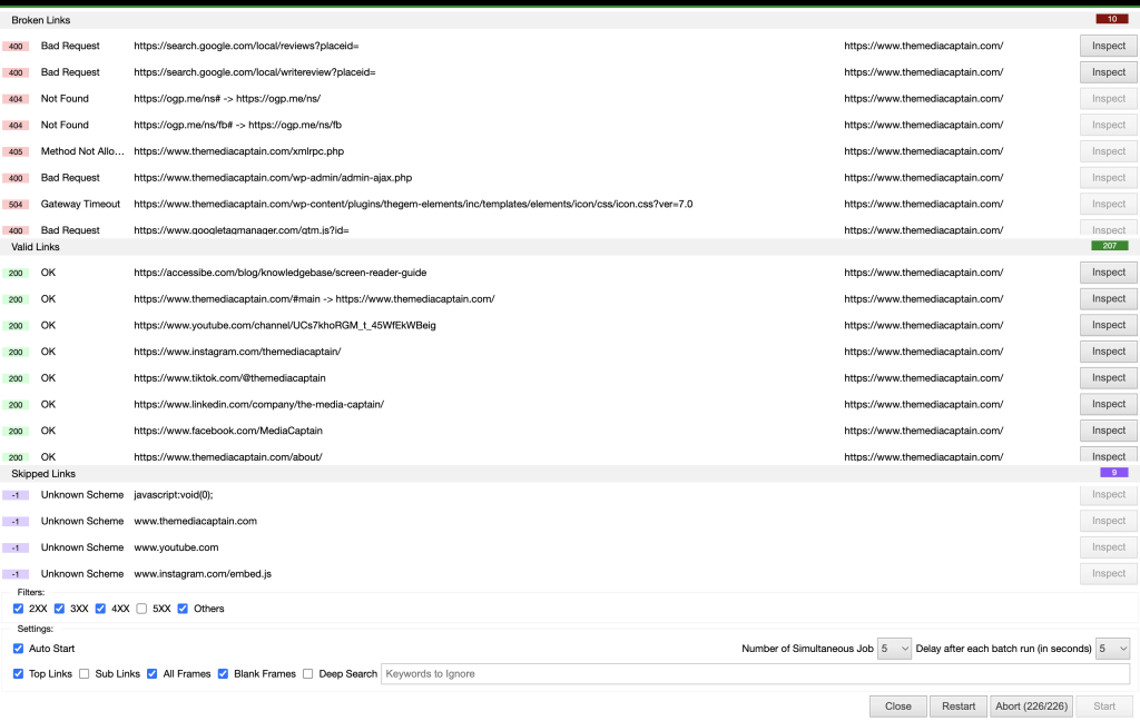 A software interface displaying a detailed report of website links categorized by status, including sections for broken links highlighted in red, valid links in green, and skipped links in purple.