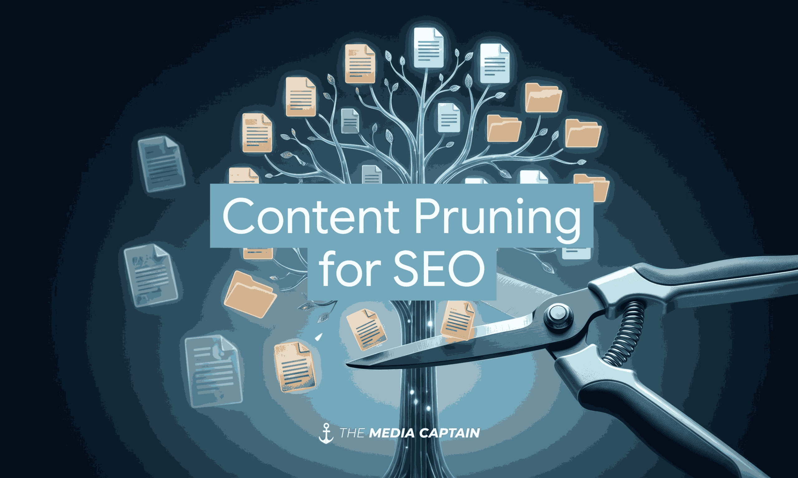An illustrative graphic showing a pair of pruning shears cutting away unnecessary document and folder icons from a glowing digital tree, with the text "Content Pruning for SEO" prominently displayed in the center.