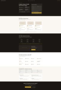 A full-length webpage mockup for a custom closet design company featuring customer reviews, team introductions, a service directory, and an online consultation form.