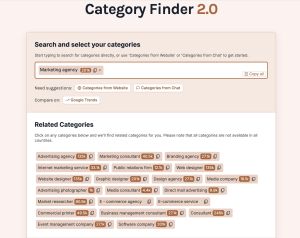 A digital tool interface called Category Finder 2.0 showing "Marketing agency" as the primary selected category alongside an extensive grid of related business category suggestions.