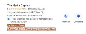 A Google Business Profile listing for The Media Captain marketing agency featuring review stars, contact information, and overlay buttons from the GMB Everywhere extension like "Category Finder" and "Rank Check."