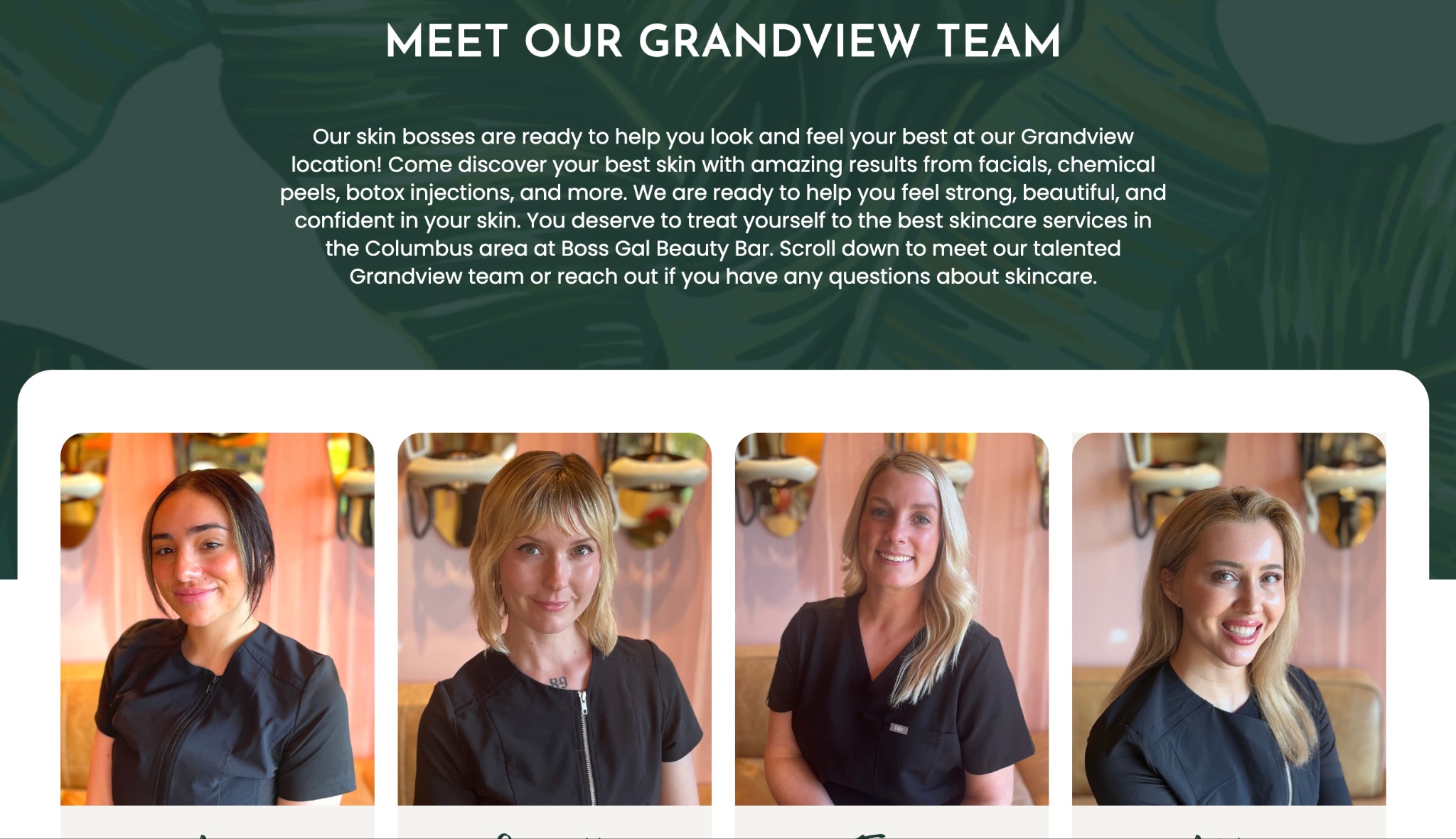 A web page section titled "Meet Our Grandview Team" features introductory text above a row of headshots showcasing four female medical spa staff members in black scrubs.
