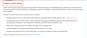 A screenshot of Google's official documentation defining "Scaled content abuse," with a red box around the header and a red arrow pointing to the bullet point regarding the abusive use of generative AI tools.