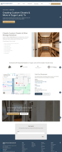 A full webpage layout for SpaceManager Closets targeting Sugar Land, Texas, highlighting custom home storage solutions with an image of a built-in pantry, local builder logos, and showroom location information.