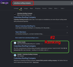 A Google search engine results page for the query "columbus roofing company" showing a highlighted green box around the second organic search result, which links to Lifetime Quality's locations page.