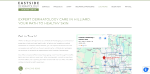 A website location page for Eastside Dermatology features driving directions, contact details, and a Google Map pinpointing their office in Hilliard, Ohio.