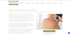 A medical website page outlining Mohs micrographic surgery details beside an image of a clinician examining a patient's skin using a dermatoscope.