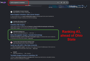 A Google search engine results page for "moh's surgeons in columbus" shows eastsidedermatology.com ranking in the number three organic position, highlighted ahead of Ohio State University.