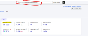 An SEO analytics dashboard screenshot showing performance metrics for the root domain lifetimequalityroofing.com, with a yellow highlight emphasizing its Authority Score of 25.