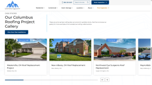 A website's project gallery section titled "Our Columbus Roofing Project Gallery," showcasing a horizontal slider of local residential and commercial roof replacement case studies with high-quality photos.