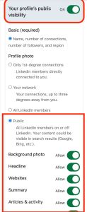 A settings menu on LinkedIn highlights options to toggle a profile's public visibility on and choose which specific sections like headlines and summaries can appear in external search engine results.