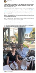 A published LinkedIn post by Stefanie Parks features a multi-paragraph personal reflection about stepping away from video calls to meet a business partner for lunch at a restaurant.