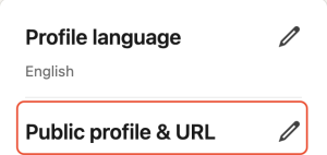 A close-up view of a LinkedIn interface highlights the settings module used for editing a user's public profile page language and customized URL.