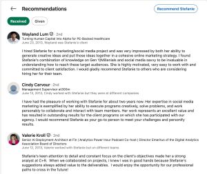 Three lengthy recommendations from LinkedIn users on Stefanie Parks' LinkedIn Recommendations section.