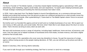 A detailed, multi-paragraph "About" section on a LinkedIn profile describes a co-founder's extensive career background in digital marketing, e-commerce, and agency growth.