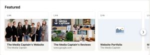A LinkedIn "Featured" profile section highlights links to The Media Captain's website, customer reviews page, and digital design portfolio using image-based cards.