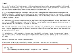 A LinkedIn profile's "About" section displays a highlighted "Top skills" box pinned to the bottom listing core competencies like Digital Marketing, Marketing Strategy, Google Ads, SEO, and Meta Ads.