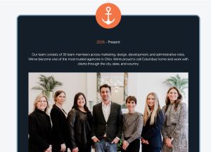 Digital marketing agency history page section showing team photo and company milestone text for 2026 to present.