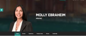 Web page hero banner featuring attorney Molly Ebraheim with navigation links for bio, experience, and practice areas.