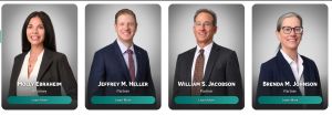Law firm team page showcasing professional headshots and titles for attorneys Molly Ebraheim, Jeffrey M. Heller, William S. Jacobson, and Brenda M. Johnson.