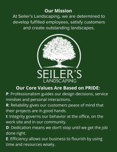 Seiler's Landscaping mission statement and PRIDE core values graphic on a dark green background.