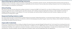 Text breakdown highlighting Wedge Roofing's awards, ethical practices, industry leadership, and credentials.