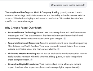 AI Overviews search query response comparing Feazel Roofing to Muth & Company Roofing based on technology, scale, and service bundling.