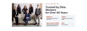 An "About Us" website section for The Bainbridge Firm featuring a group photo of six legal professionals alongside text highlighting over 40 years of service and key firm statistics.