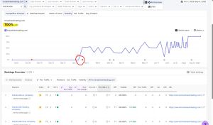 Semrush search visibility graph showing a sharp increase in visibility for broadviewheating.com starting in late January alongside a list of keyword rankings overview.