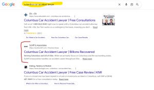 Google search results page for "columbus car accident lawyer" highlighting an organic search snippet for Schiff & Associates.