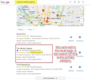 Google local pack search results for "columbus marketing agency" highlighting local business listings on a map and highlighting "The Media Captain" profile listing.