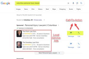 A Google search results page for "columbus personal injury lawyer" displaying sponsored Local Service Ads (GLSA) with highlighted call-to-action buttons for messaging and calling.