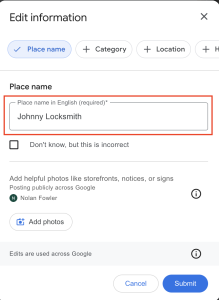 A Google Business Profile edit interface displaying a highlighted text field containing the business name "Johnny Locksmith."