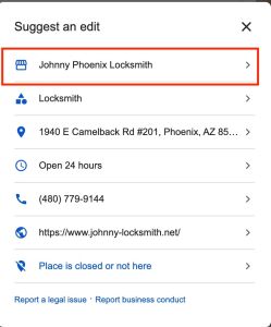 The "Suggest an edit" menu interface for a Google Business Profile with the top business name entry field highlighted in red.