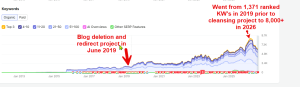 An organic keyword performance graph illustrating a surge from 1,371 ranked keywords in 2019 to over 8,000 following a blog deletion and redirect strategy.