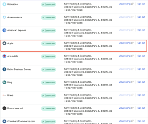 A screenshot of the Semrush Listing Management tool interface showing connected directory listings for Kern Heating & Cooling Co., with the Apple listing highlighted in red.