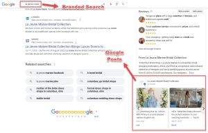 A Google search results page for a branded search of "la jeune marie" showing organic results alongside featured Google Posts in the knowledge panel.