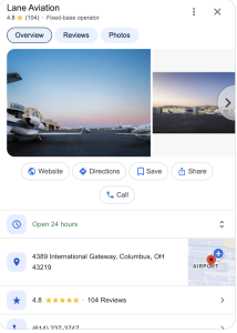 A Google Business Profile panel for Lane Aviation displaying ratings, hours, photos of airplanes on a tarmac, and contact details.