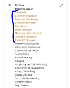A list of marketing services under a Google Business Profile category with several services bracketed in blue ink.
