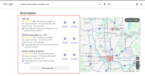A Google Local Map Pack result for the search query "personal injury lawyer columbus ohio," displaying top-rated law firm listings alongside a map of Columbus.
