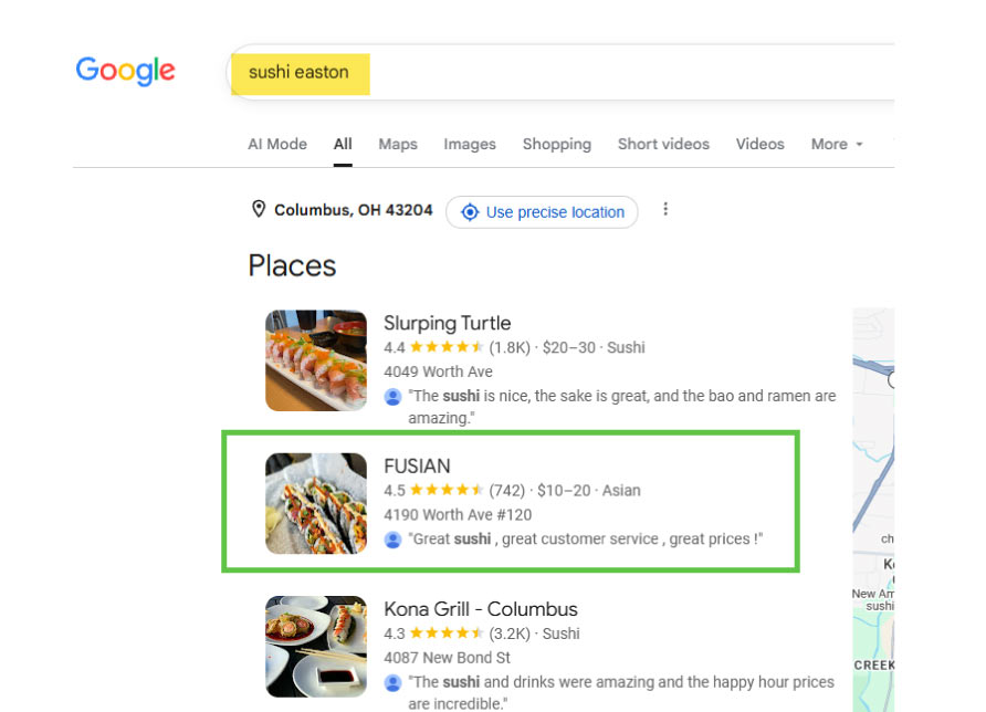 Google Places results for "sushi easton" showing Fusian in the second position Google Places results for "sushi easton" showing Fusian in the second position