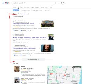 A screenshot of Google Search results for "best dentist westerville ohio" showing a red bracket around top sponsored text ads and sponsored map pack listings for local dental practices.