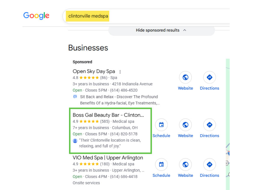 Google local pack for "clintonville medspa" showing Boss Gal Beauty Bar Clintonville as the top organic listing below one sponsored result Google local pack for "clintonville medspa" showing Boss Gal Beauty Bar Clintonville as the top organic listing below one sponsored result