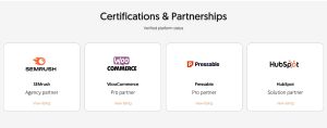 Graphic section titled "Certifications & Partnerships - Verified platform status" featuring cards for SEMrush (Agency partner), WooCommerce (Pro partner), Pressable (Pro partner), and HubSpot (Solution partner).