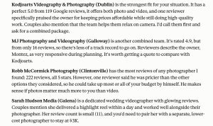 Screenshot of an AI assistant recommending wedding photo and video vendors in Ohio, evaluating options including Kodjoarts, MJ Photography, Robb McCormick, and Sarah Hudson Media.