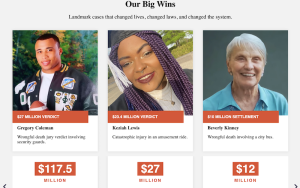 A website section titled "Our Big Wins" displaying notable case results for Cooper Elliott, including a $27 million verdict, a $23.4 million verdict, and a $10 million settlement with client photos.