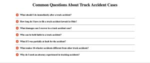 Webpage section titled "Common Questions About Truck Accident Cases" displaying an expandable FAQ accordion list with seven questions regarding Ohio truck accident lawsuits.