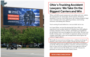 Webpage snippet alongside a billboard image for Cooper Elliott. The headline reads "Ohio's Trucking Accident Lawyers: We Take On the Biggest Carriers and Win," with a highlighted paragraph detailing 18-wheeler and semi-truck cases.